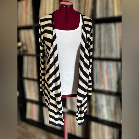 Navy & Cream Leopard Print Longline Cardigan S/M Shimmer Knit - Picture 3 of 4